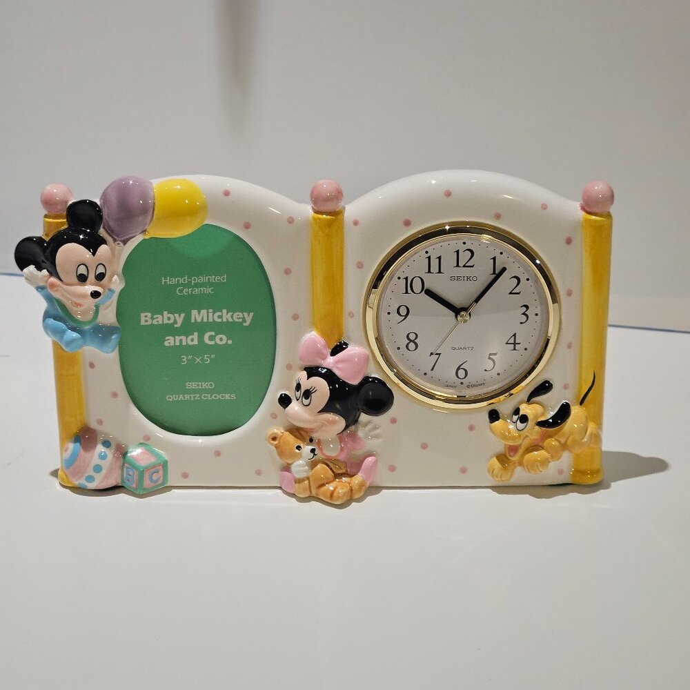 Seiko Baby Mickey Minnie Ceramic Clock & Photo Frame Disney Vintage Works 90s
